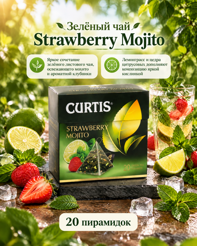 Чай зелёный "Strawberry Mojito", CURTIS, 20 пирамидок, 34 г