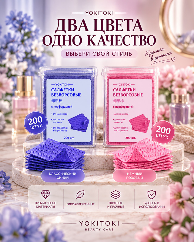 Салфетки безворсовые, YOKITOKI, 200 шт., в ассортименте