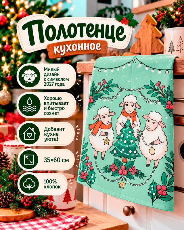 Полотенце кухонное "Овечки", 35х60 см, в ассортименте