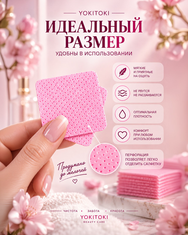 Салфетки безворсовые, YOKITOKI, 200 шт., в ассортименте